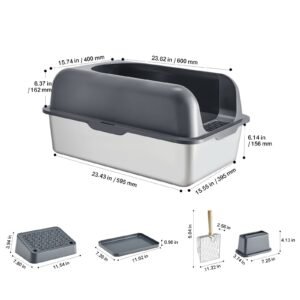 cat litter box, 6 inches deep, xl extra large stainless steel cat litter box with scoop, wide filtering foot board & high sides, enclosed odor free easy to clean litter box, fit for big cats