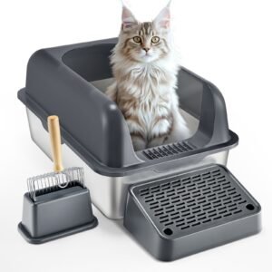 cat litter box, 6 inches deep, xl extra large stainless steel cat litter box with scoop, wide filtering foot board & high sides, enclosed odor free easy to clean litter box, fit for big cats