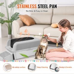 cat litter box, 6 inches deep, xl extra large stainless steel cat litter box with scoop, wide filtering foot board & high sides, enclosed odor free easy to clean litter box, fit for big cats