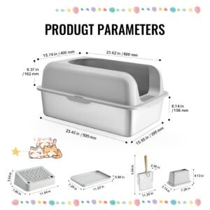 cat litter box, 6 inches deep, xl extra large stainless steel cat litter box with scoop, wide filtering foot board & high sides, enclosed odor free easy to clean litter box, fit for big cats