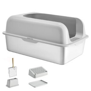 Cat Litter Box, 6 inches Deep, XL Extra Large Stainless Steel Cat Litter Box with Scoop, Wide Filtering Foot Board & High Sides, Enclosed Odor-Free Easy-to-Clean Litter Box, Fit for Big Cats