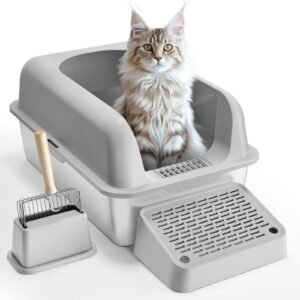 cat litter box, 6 inches deep, xl extra large stainless steel cat litter box with scoop, wide filtering foot board & high sides, enclosed odor free easy to clean litter box, fit for big cats