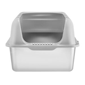 cat litter box, 6 inches deep, xl extra large stainless steel cat litter box with scoop, wide filtering foot board & high sides, enclosed odor free easy to clean litter box, fit for big cats