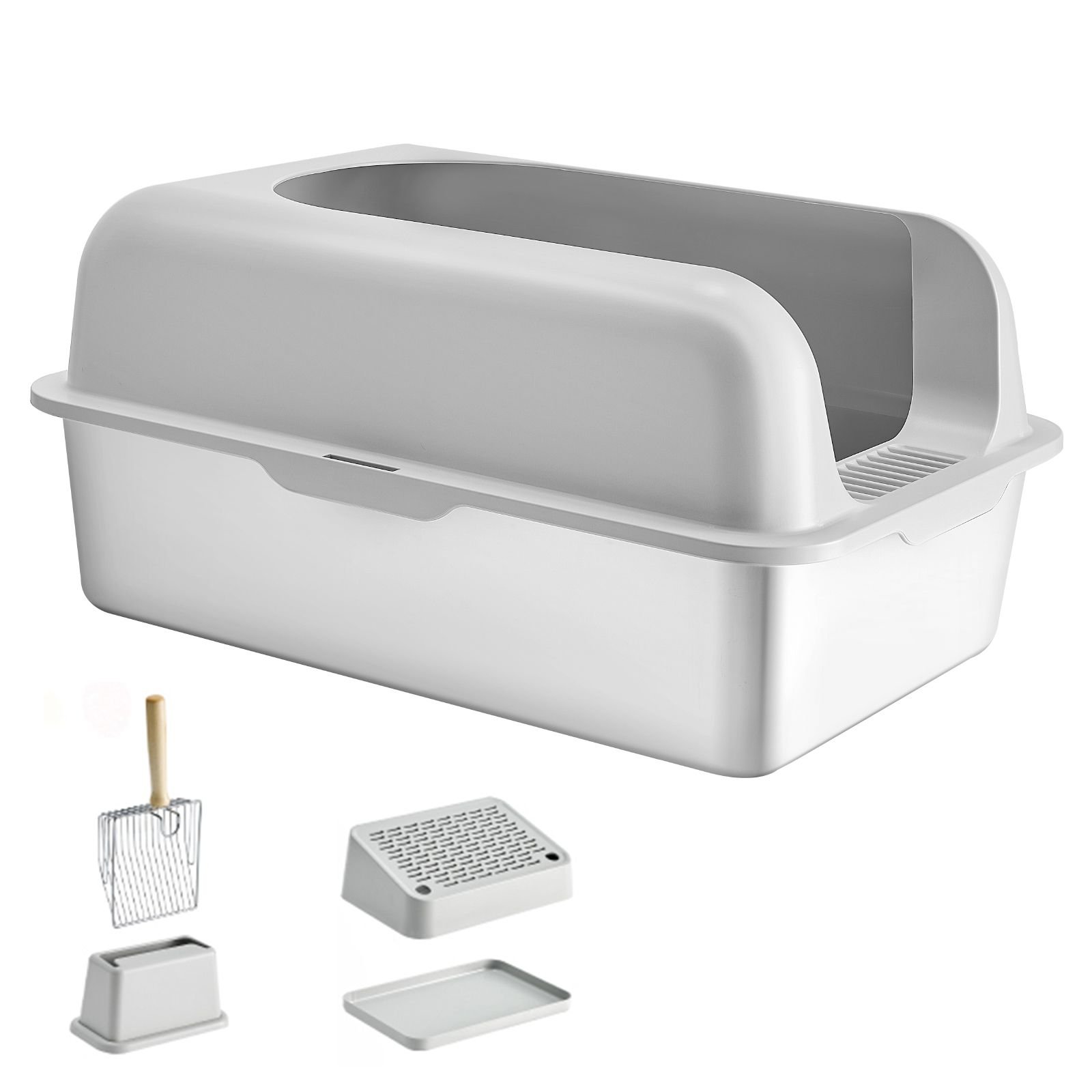 cat litter box, 6 inches deep, xl extra large stainless steel cat litter box with scoop, wide filtering foot board & high sides, enclosed odor free easy to clean litter box, fit for big cats