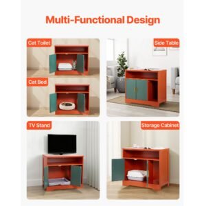 cat litter box enclosure, 31 in hidden litter box cabinet with shelf & storage, modern style indoor cat washroom, wooden kitty house furniture end table, fit most litterboxes, red & green