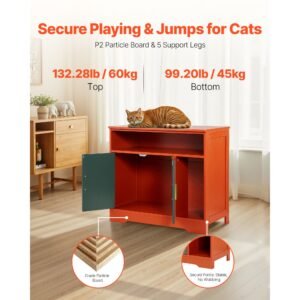 cat litter box enclosure, 31 in hidden litter box cabinet with shelf & storage, modern style indoor cat washroom, wooden kitty house furniture end table, fit most litterboxes, red & green