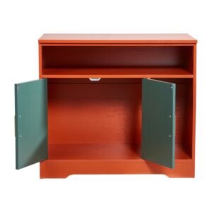 cat litter box enclosure, 31 in hidden litter box cabinet with shelf & storage, modern style indoor cat washroom, wooden kitty house furniture end table, fit most litterboxes, red & green
