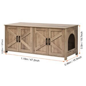 cat litter box enclosure for 2 cats, litter box furniture hidden with double rooms, wooden cat box cabinet fit most of litter box, 47.2"l x 18.5"w x 19.7"h, greige