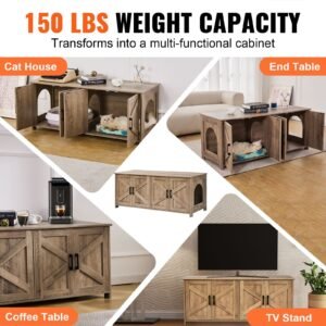 cat litter box enclosure for 2 cats, litter box furniture hidden with double rooms, wooden cat box cabinet fit most of litter box, 47.2"l x 18.5"w x 19.7"h, greige
