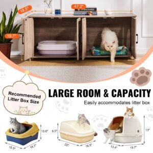 cat litter box enclosure for 2 cats, litter box furniture hidden with double rooms, wooden cat box cabinet fit most of litter box, 47.2"l x 18.5"w x 19.7"h, greige