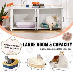 cat litter box enclosure for 2 cats, litter box furniture hidden with double rooms, wooden cat box cabinet fit most of litter box, 47.2"l x 18.5"w x 19.7"h, white