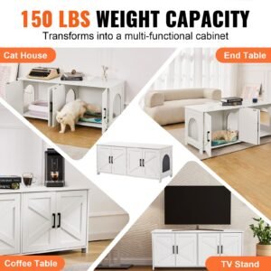 cat litter box enclosure for 2 cats, litter box furniture hidden with double rooms, wooden cat box cabinet fit most of litter box, 47.2"l x 18.5"w x 19.7"h, white