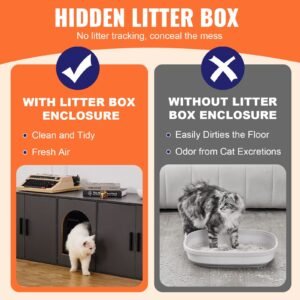 cat litter box enclosure for 2 cats, litter box furniture hidden with double rooms, wooden cat box cabinet fit most of litter box, 57.9"l x 18.3"w x 17.9"h, black