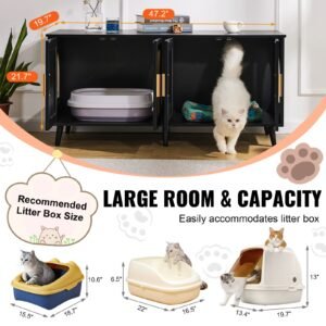 cat litter box enclosure for 2 cats, litter box furniture hidden with rattan decorated doors, wooden cat box cabinet fit most of litter box, 47.2"l x 19.7"w x 21.7"h, black