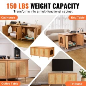 cat litter box enclosure for 2 cats, litter box furniture hidden with rattan decorated doors, wooden cat box cabinet fit most of litter box, 47.2"l x 19.7"w x 21.7"h, natural