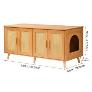 cat litter box enclosure for 2 cats, litter box furniture hidden with rattan decorated doors, wooden cat box cabinet fit most of litter box, 47.2"l x 19.7"w x 21.7"h, natural