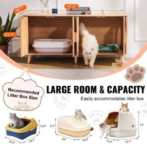cat litter box enclosure for 2 cats, litter box furniture hidden with rattan decorated doors, wooden cat box cabinet fit most of litter box, 47.2"l x 19.7"w x 21.7"h, natural