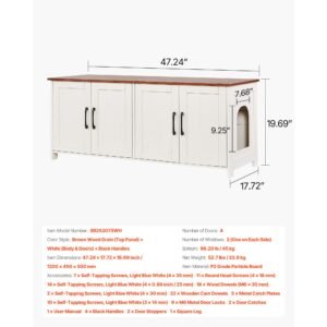 cat litter box enclosure for multi cats, 47.2 in hidden litter box cabinet with 4 doors & 2 entries, indoor cat washroom, wooden kitty house furniture, fit most litterboxes, brown & white