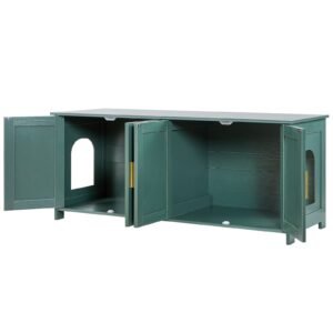 Cat Litter Box Enclosure for Multi Cats, 47.2 in Hidden Litter Box Cabinet with 4 Doors & 2 Entries, Indoor Cat Washroom, Wooden Kitty House Furniture Side Table, Fit Most Litterboxes, Green