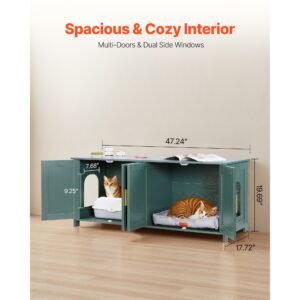 cat litter box enclosure for multi cats, 47.2 in hidden litter box cabinet with 4 doors & 2 entries, indoor cat washroom, wooden kitty house furniture side table, fit most litterboxes, green