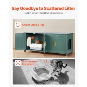 cat litter box enclosure for multi cats, 47.2 in hidden litter box cabinet with 4 doors & 2 entries, indoor cat washroom, wooden kitty house furniture side table, fit most litterboxes, green