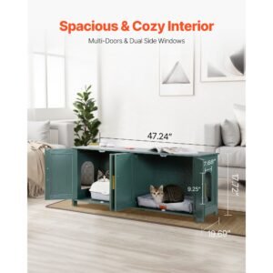cat litter box enclosure for multi cats, 47.2 in hidden litter box cabinet with 4 rattan doors & 2 entries, indoor cat washroom, wooden kitty house furniture, fit most litterboxes, green