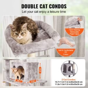 cat tree for indoor cats, 68.5" cat tower with 2 cat condos, sisal scratching post, hammock, top perch, jumping platforms, large cat furniture activity center with hang ball, light grey