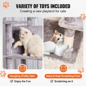 cat tree for indoor cats, 68.5" cat tower with 2 cat condos, sisal scratching post, hammock, top perch, jumping platforms, large cat furniture activity center with hang ball, light grey