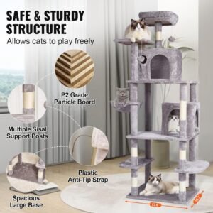 cat tree for indoor cats, 68.5" cat tower with 2 cat condos, sisal scratching post, hammock, top perch, jumping platforms, large cat furniture activity center with hang ball, light grey