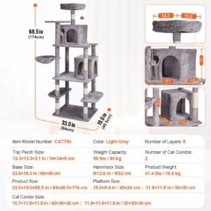 cat tree for indoor cats, 68.5" cat tower with 2 cat condos, sisal scratching post, hammock, top perch, jumping platforms, large cat furniture activity center with hang ball, light grey
