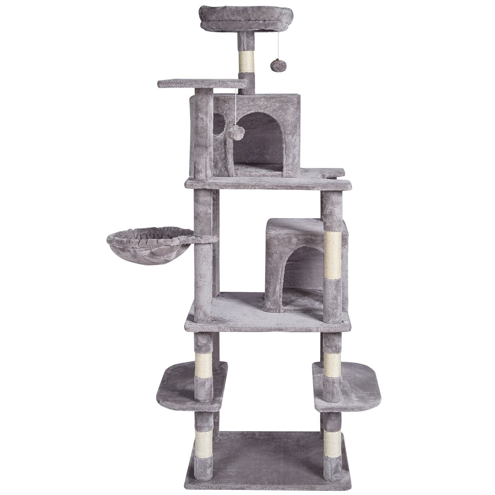 cat tree for indoor cats, 68.5" cat tower with 2 cat condos, sisal scratching post, hammock, top perch, jumping platforms, large cat furniture activity center with hang ball, light grey