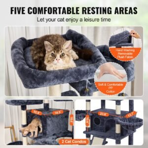 cat tree for indoor cats, 68.5" cat tower with 2 cat condos, sisal scratching post, hammocks, top perches, jumping platforms and ramp, cat furniture activity center with hang balls, dark grey