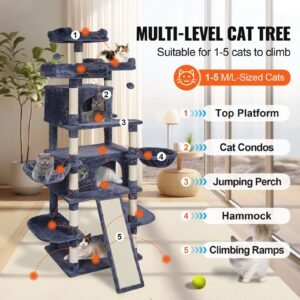 cat tree for indoor cats, 68.5" cat tower with 2 cat condos, sisal scratching post, hammocks, top perches, jumping platforms and ramp, cat furniture activity center with hang balls, dark grey