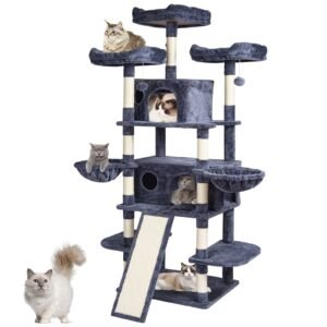 cat tree for indoor cats, 68.5" cat tower with 2 cat condos, sisal scratching post, hammocks, top perches, jumping platforms and ramp, cat furniture activity center with hang balls, dark grey