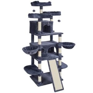 cat tree for indoor cats, 68.5" cat tower with 2 cat condos, sisal scratching post, hammocks, top perches, jumping platforms and ramp, cat furniture activity center with hang balls, dark grey