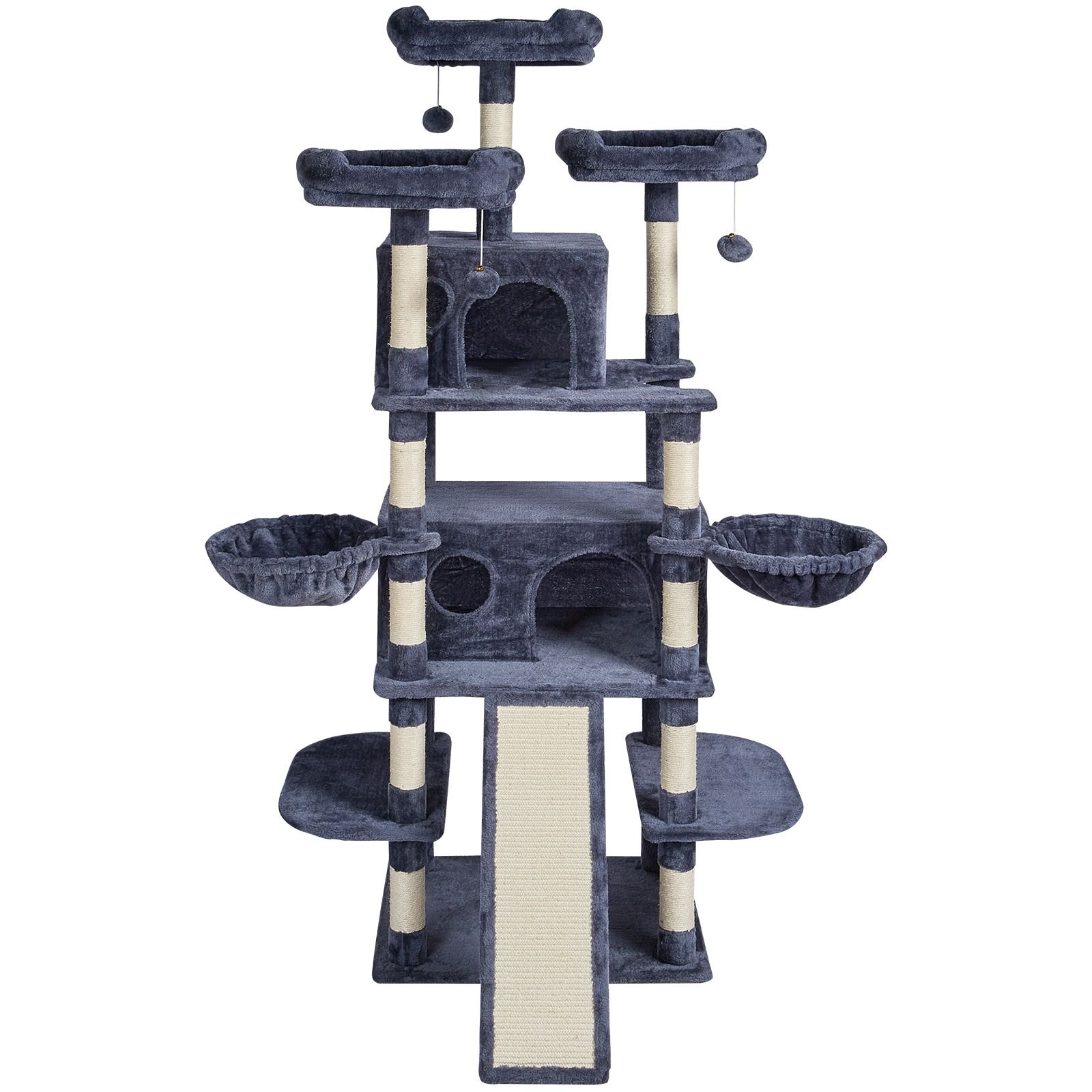 cat tree for indoor cats, 68.5" cat tower with 2 cat condos, sisal scratching post, hammocks, top perches, jumping platforms and ramp, cat furniture activity center with hang balls, dark grey