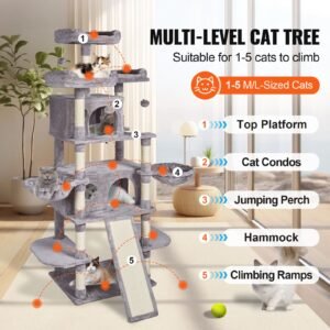 cat tree for indoor cats, 68.5" cat tower with 2 cat condos, sisal scratching post, hammocks, top perches, jumping platforms and ramp, cat furniture activity center with hang balls, light grey