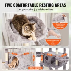 cat tree for indoor cats, 68.5" cat tower with 2 cat condos, sisal scratching post, hammocks, top perches, jumping platforms and ramp, cat furniture activity center with hang balls, light grey