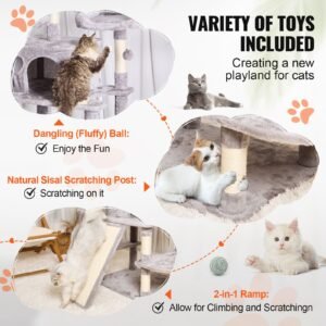 cat tree for indoor cats, 68.5" cat tower with 2 cat condos, sisal scratching post, hammocks, top perches, jumping platforms and ramp, cat furniture activity center with hang balls, light grey