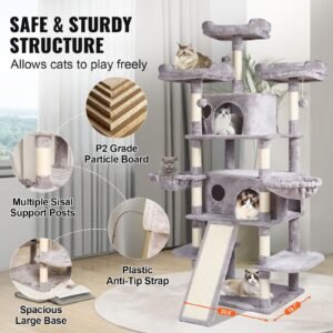 cat tree for indoor cats, 68.5" cat tower with 2 cat condos, sisal scratching post, hammocks, top perches, jumping platforms and ramp, cat furniture activity center with hang balls, light grey