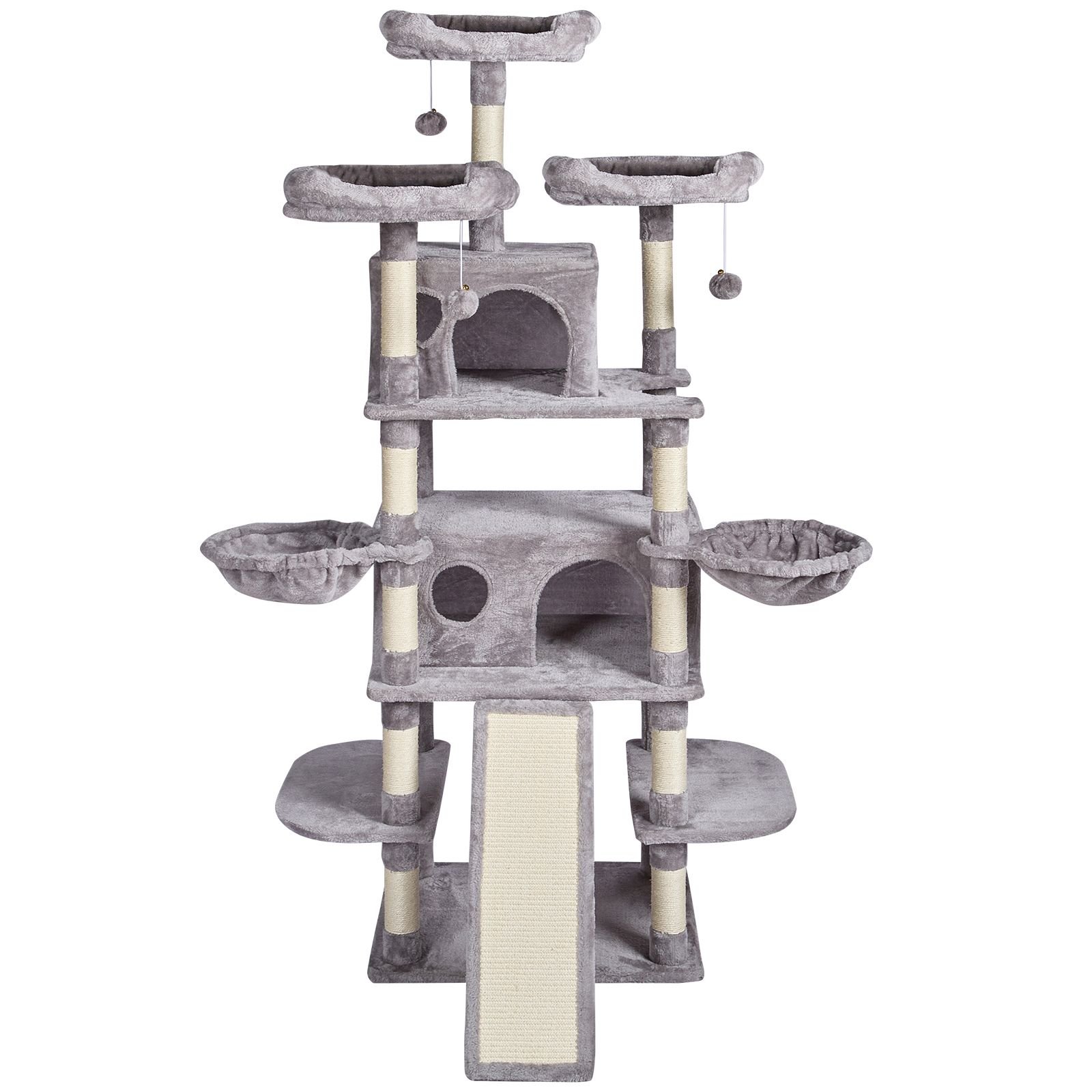 cat tree for indoor cats, 68.5" cat tower with 2 cat condos, sisal scratching post, hammocks, top perches, jumping platforms and ramp, cat furniture activity center with hang balls, light grey