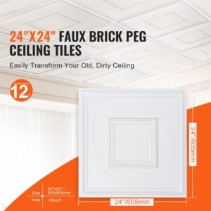 ceiling tiles, 12 pack 24 x 24 in, drop ceiling tiles premium pvc sheet, easy installation/ cutting plastic glue up ceiling tile, ceiling covering for home/office decoration, white geometric
