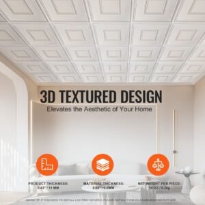 ceiling tiles, 12 pack 24 x 24 in, drop ceiling tiles premium pvc sheet, easy installation/ cutting plastic glue up ceiling tile, ceiling covering for home/office decoration, white geometric
