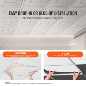 ceiling tiles, 12 pack 24 x 24 in, drop ceiling tiles premium pvc sheet, easy installation/ cutting plastic glue up ceiling tile, ceiling covering for home/office decoration, white geometric