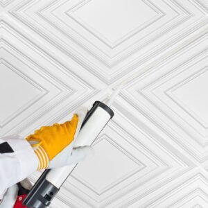 ceiling tiles, 12 pack 24 x 24 in, drop ceiling tiles premium pvc sheet, easy installation/ cutting plastic glue up ceiling tile, ceiling covering for home/office decoration, white peg pattern