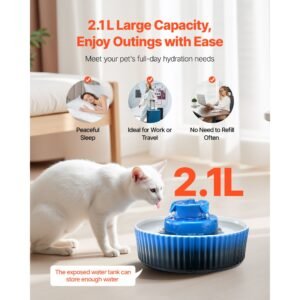 ceramic cat water fountain, 2.1l/71oz cupcake pet fountain, porcelain cat water dispenser with ultra quiet pump, 360° drinking area and multi layer filtration system, for cats and dogs (blue)