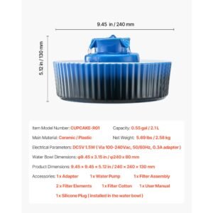 ceramic cat water fountain, 2.1l/71oz cupcake pet fountain, porcelain cat water dispenser with ultra quiet pump, 360° drinking area and multi layer filtration system, for cats and dogs (blue)