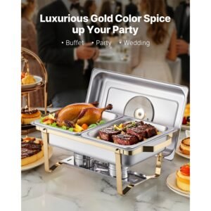 chafing dish buffet set, 4 qt 2 pack, stainless steel chafer with 4 half size pans, rectangle catering warmer server with glass lid water pan folding stand fuel holder, for wedding party banquet