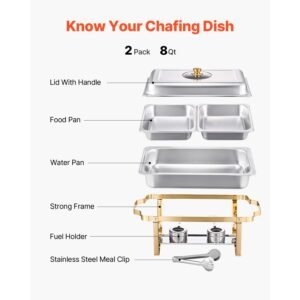 chafing dish buffet set, 4 qt 2 pack, stainless steel chafer with 4 half size pans, rectangle catering warmer server with glass lid water pan folding stand fuel holder, for wedding party banquet