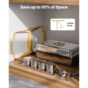 chafing dish buffet set, 4 qt 2 pack, stainless steel chafer with 4 half size pans, rectangle catering warmer server with glass lid water pan folding stand fuel holder, for wedding party banquet